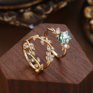 Léonie Oval Cut Moss Agate Leafy Enhancer Ring Set 2pcs