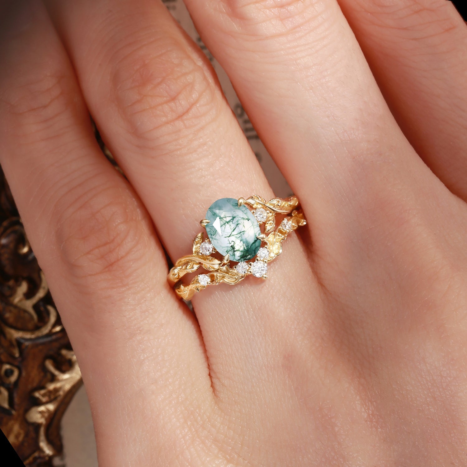 Eden Oval Cut Moss Agate Leaf Branch Engagement Ring Set 2pcs