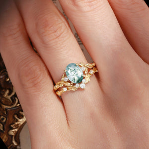 Eden Oval Cut Moss Agate Leaf Branch Engagement Ring Set 2pcs