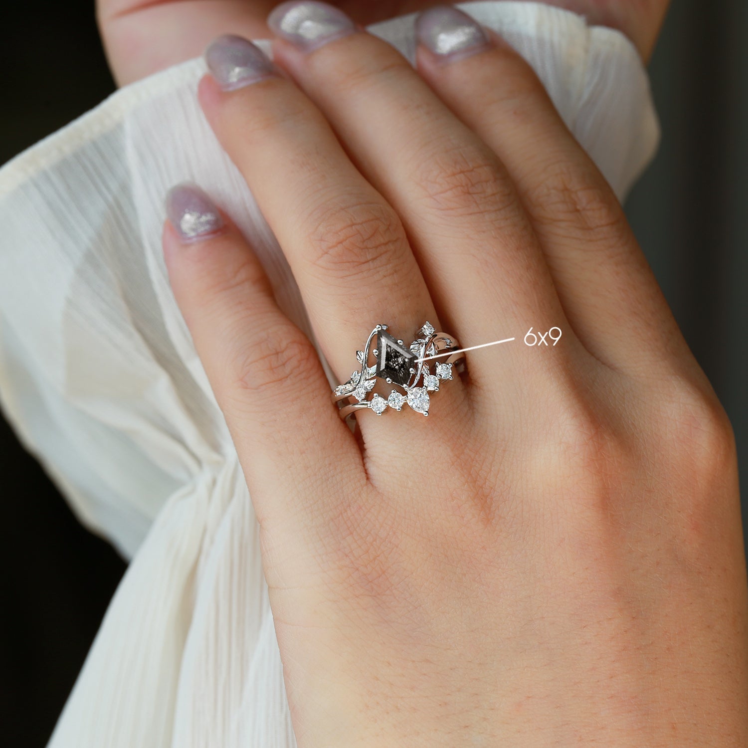 Nature Inspired - Unique Kite Cut Moss Agate Leafy Bridal Ring Sets 2pcs - Willow