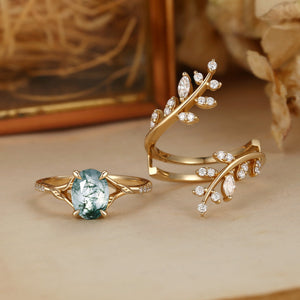 Daphne Oval Cut Moss Agate Cluster Enhancer Ring Set 2pcs