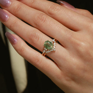 1.5ct Oval Cut Moss Agate Stacking Engagement Ring Set 2pcs