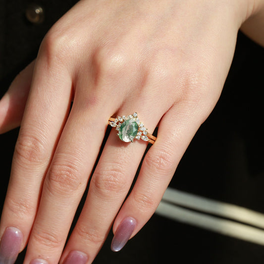 1.5ct Oval Cut Moss Agate Stacking Engagement Ring Set 2pcs