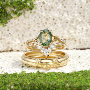 Dahlia Moss Agate Oval Cut Leafy Gold Couple Ring Set