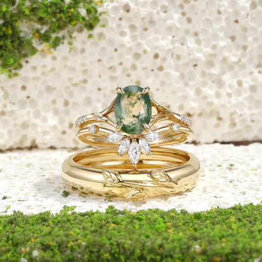 Dahlia Moss Agate Oval Cut Leafy Gold Couple Ring Set