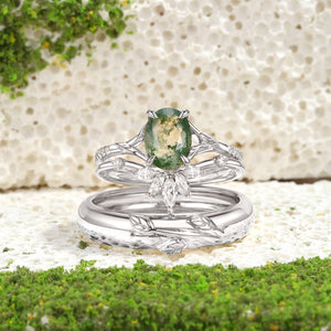 Dahlia Moss Agate Oval Cut Leafy Gold Couple Ring Set