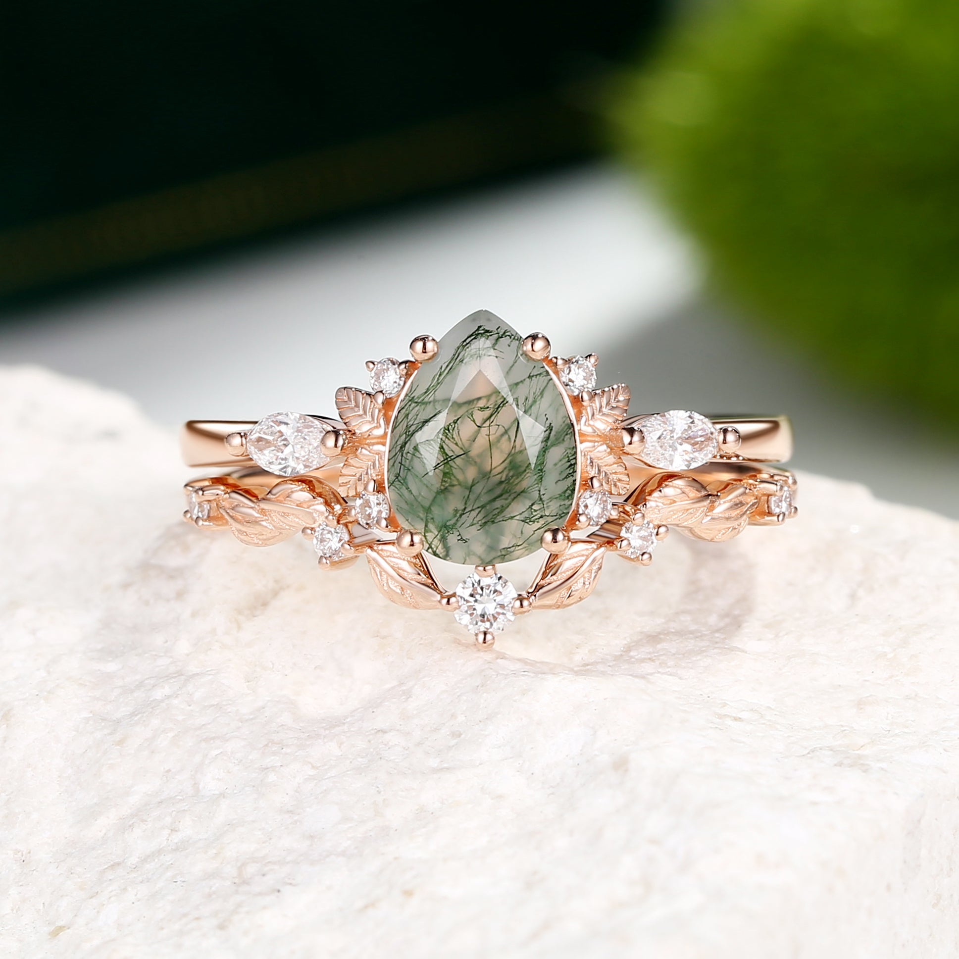 Nature Inspired - Pear Shaped Moss Agate Leafy Fairy Ring Set 2pcs - Susan