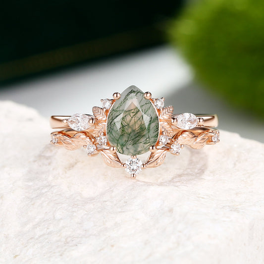 Nature Inspired - Pear Shaped Moss Agate Leafy Fairy Ring Set 2pcs - Susan