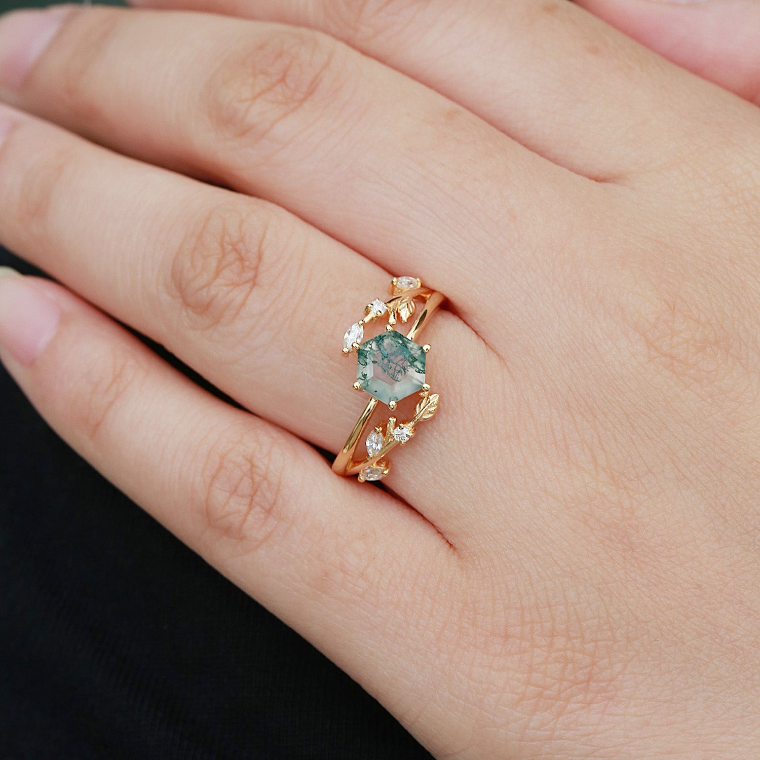 Perfect Hexagon Cut Moss Agate Leafy Engagement Ring