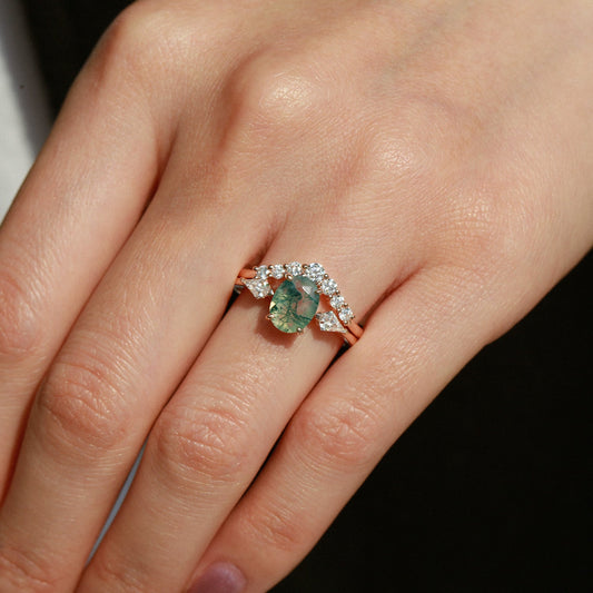 Oval Moss Agate Three Stone Twinning Kites Engagement Ring Set 2pcs