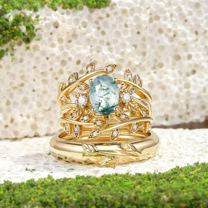 Léonie Oval Cut Moss Agate Leafy Gold Couple Ring Set