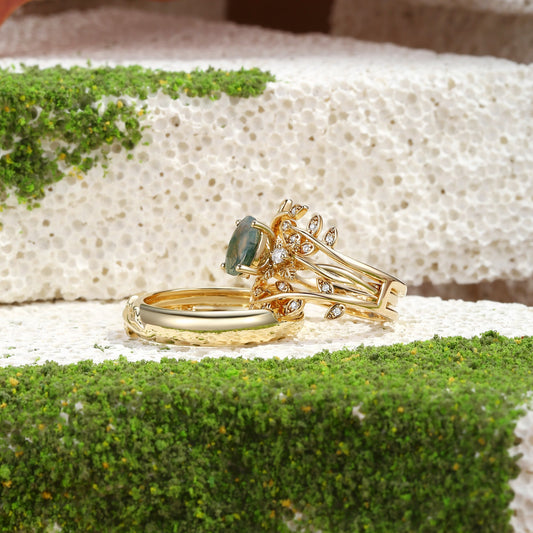 Léonie Oval Cut Moss Agate Leafy Gold Couple Ring Set