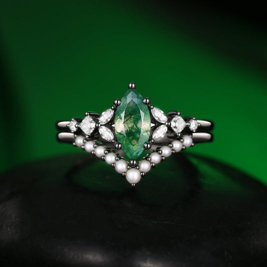 Marquise Moss Agate Signature Vintage Pearl-fect Ring Set 2pcs