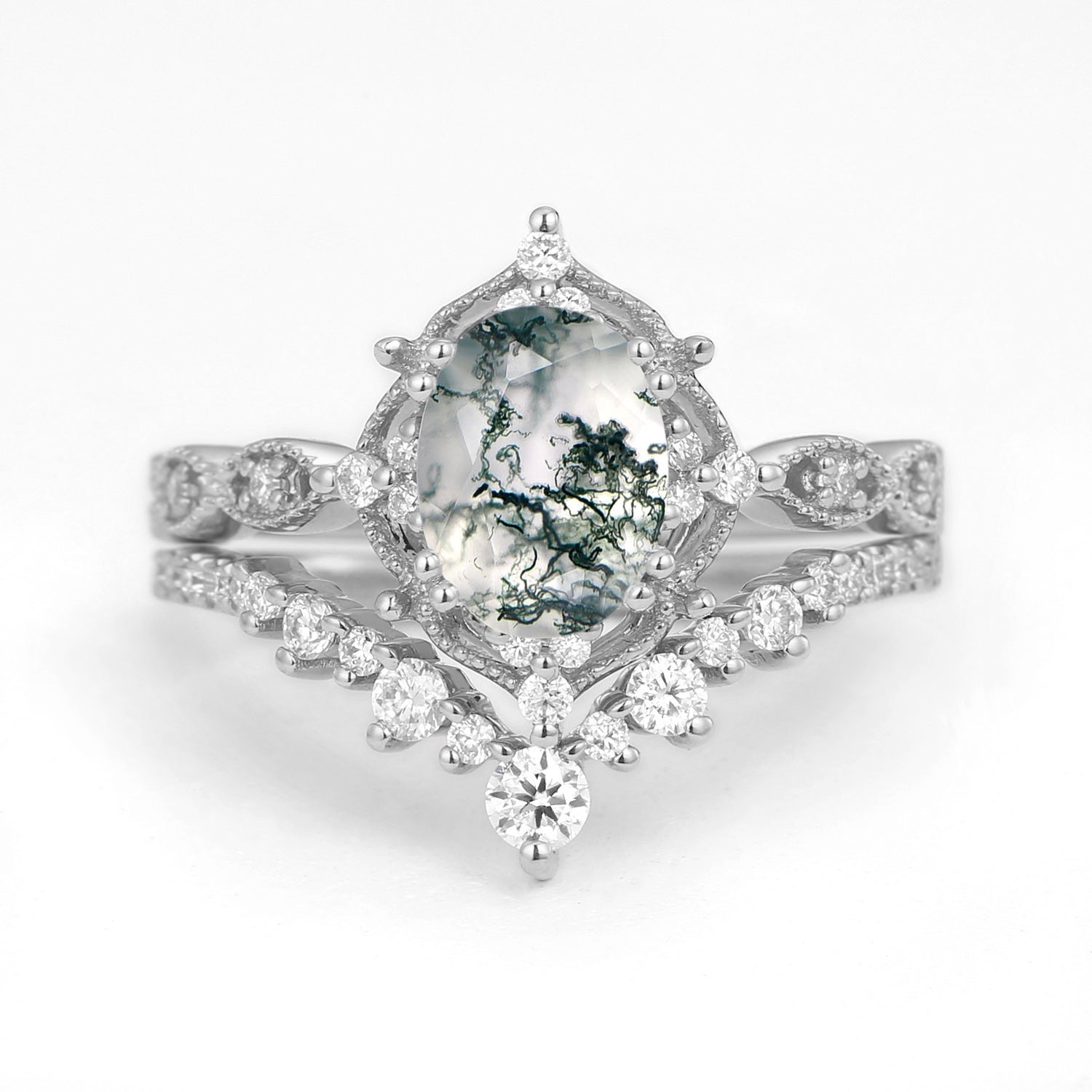 1.5ct Signature Moss Agate Vintage Ring Set 2pcs - Charlotte
