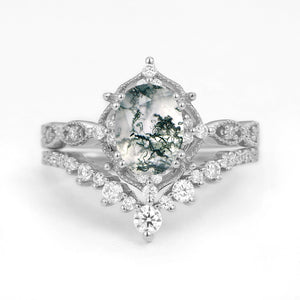 1.5ct Signature Moss Agate Vintage Ring Set 2pcs - Charlotte