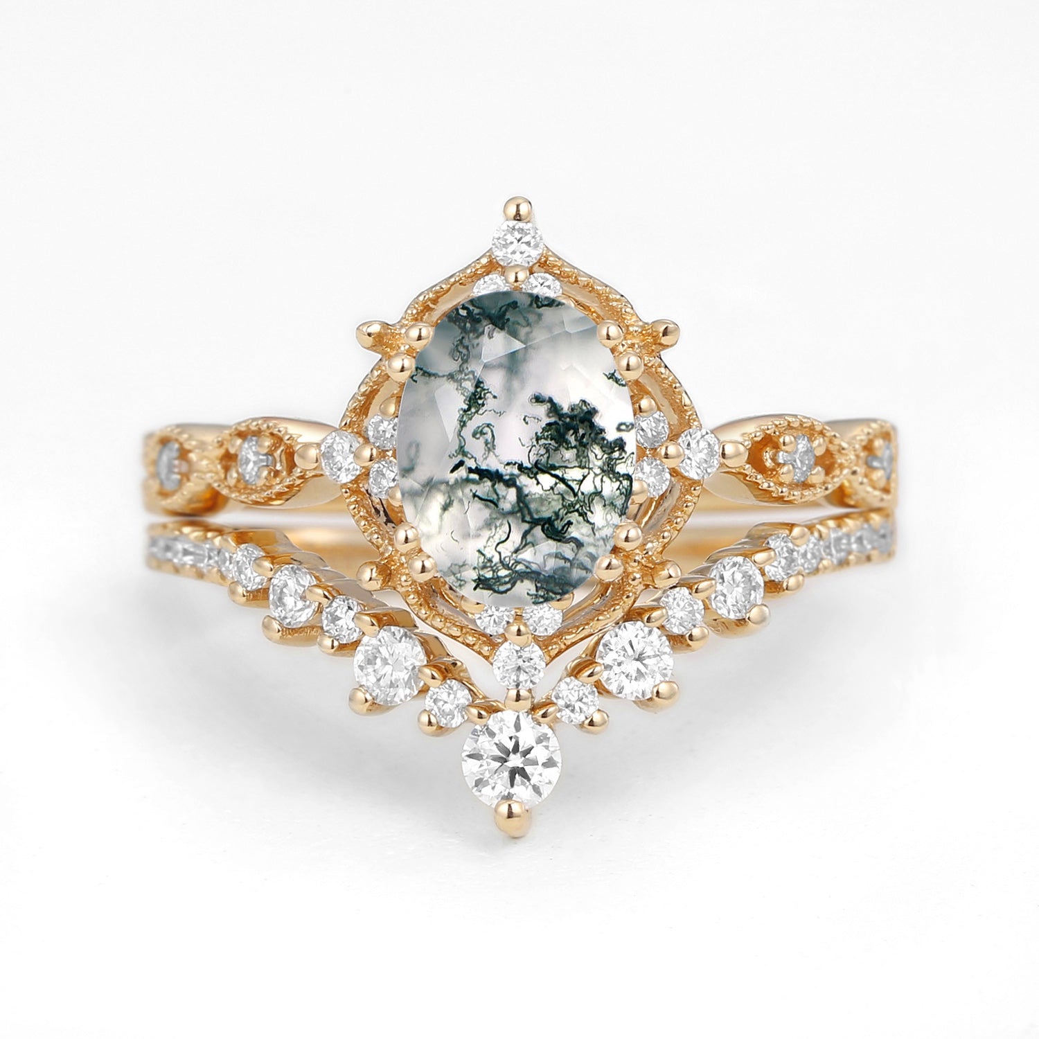 1.5ct Signature Moss Agate Vintage Ring Set 2pcs - Charlotte