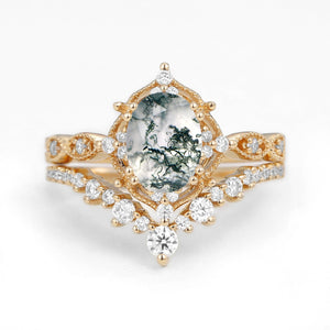 1.5ct Signature Moss Agate Vintage Ring Set 2pcs - Charlotte