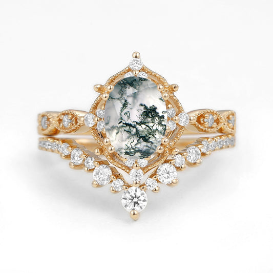 Charlotte 1.5ct Signature Moss Agate Vintage Ring Set 2pcs