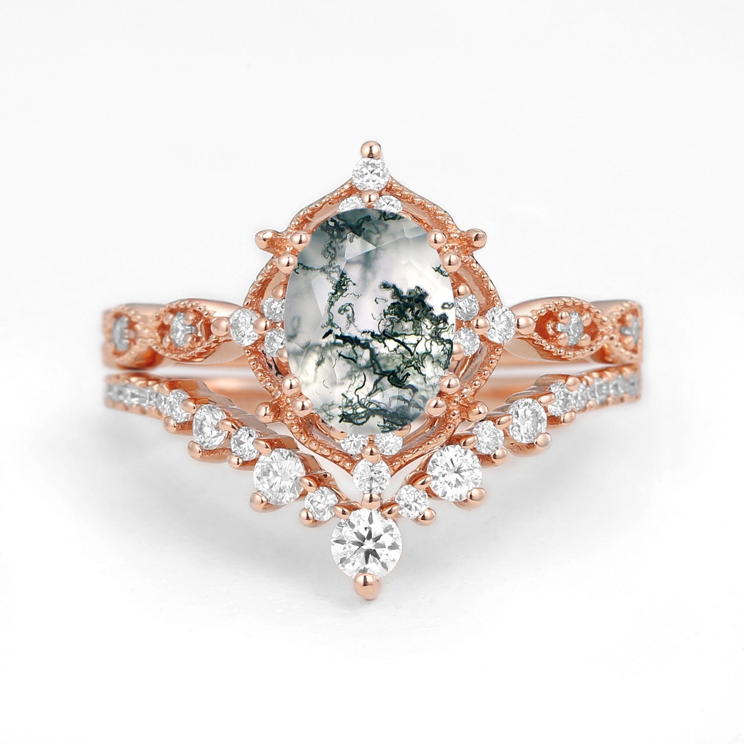 1.5ct Signature Moss Agate Vintage Ring Set 2pcs - Charlotte