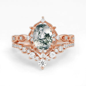 1.5ct Signature Moss Agate Vintage Ring Set 2pcs - Charlotte