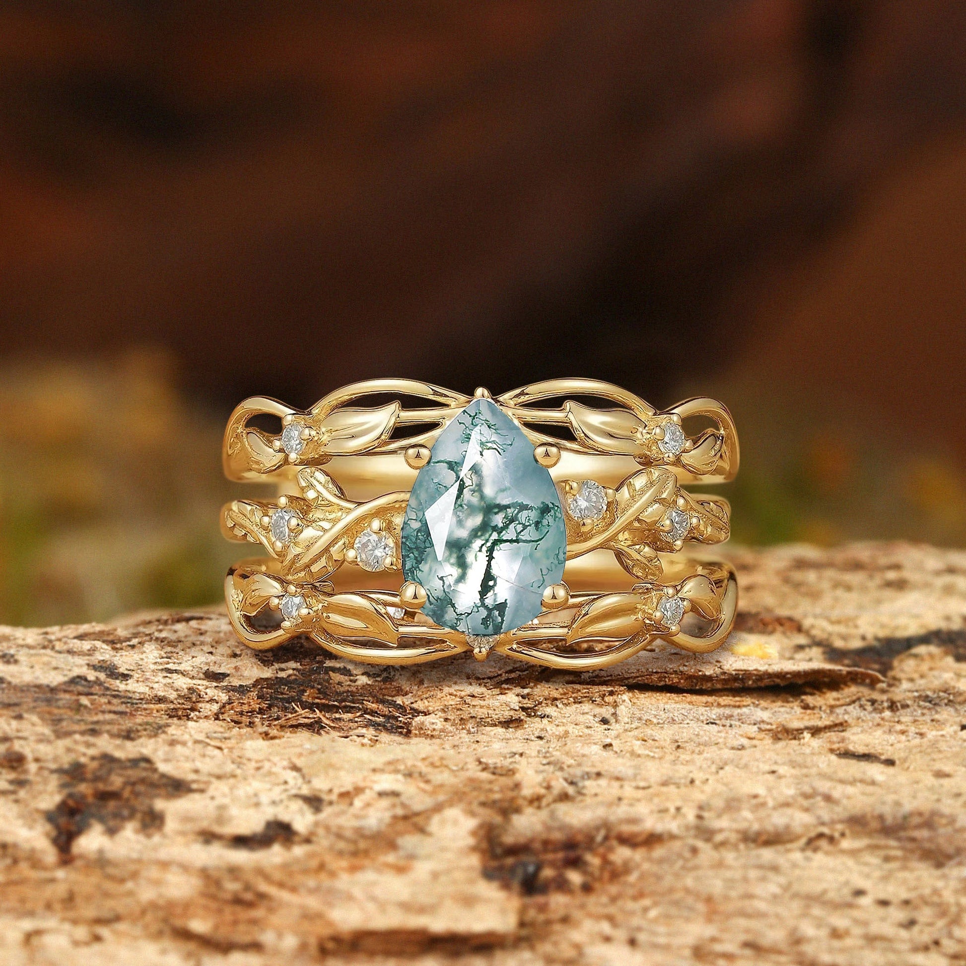 Felicity Moss Agate & Moissanite Vine Engagement Ring Set 2pcs