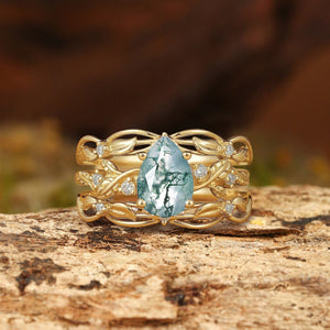 Felicity Moss Agate & Moissanite Vine Engagement Ring Set 2pcs