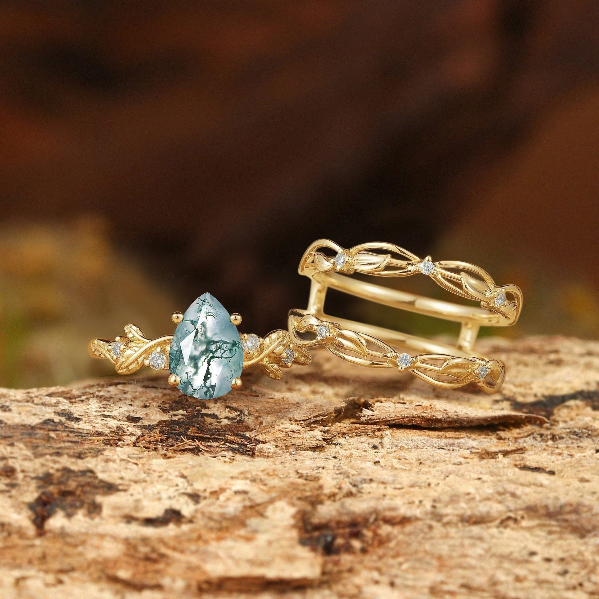 Felicity Moss Agate & Moissanite Vine Engagement Ring Set 2pcs