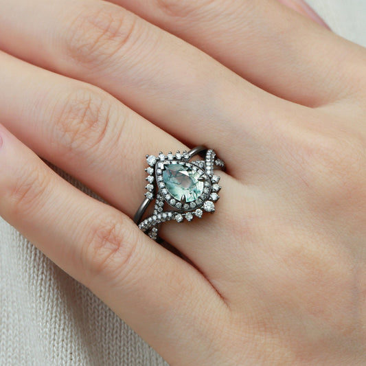 Black Gold Pear Moss Agate Halo Infinity Ring Set 2pcs - Valentina
