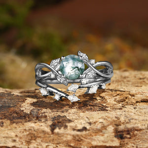 Cordelia Round Cut Moss Agate Leafy Infinity Bridal Set 2pcs