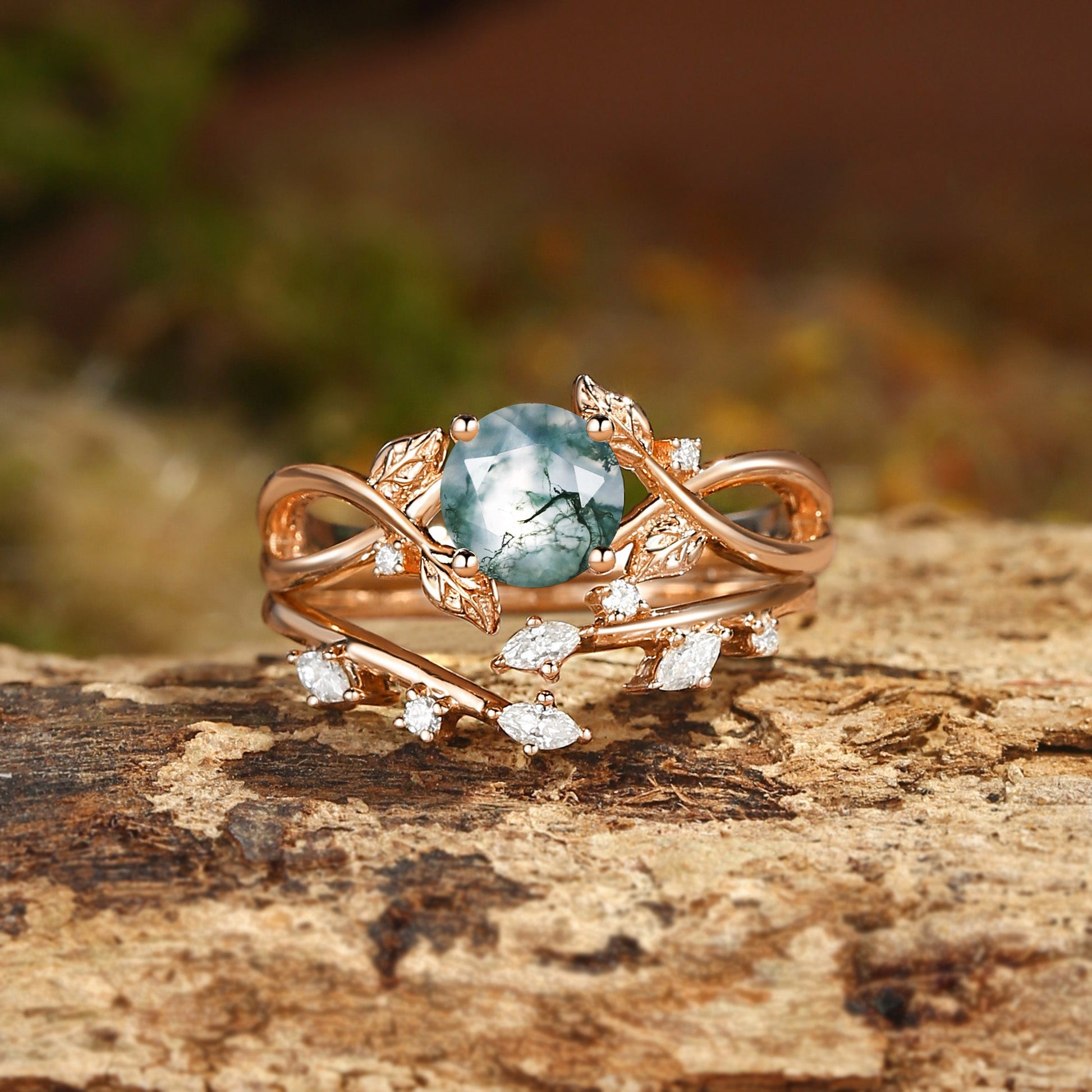 Cordelia Round Cut Moss Agate Leafy Infinity Bridal Set 2pcs