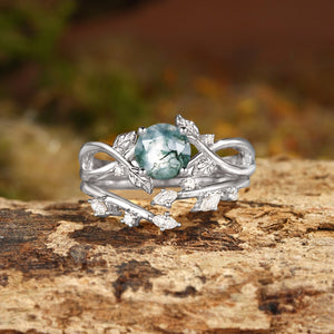 Cordelia Round Cut Moss Agate Leafy Infinity Bridal Set 2pcs