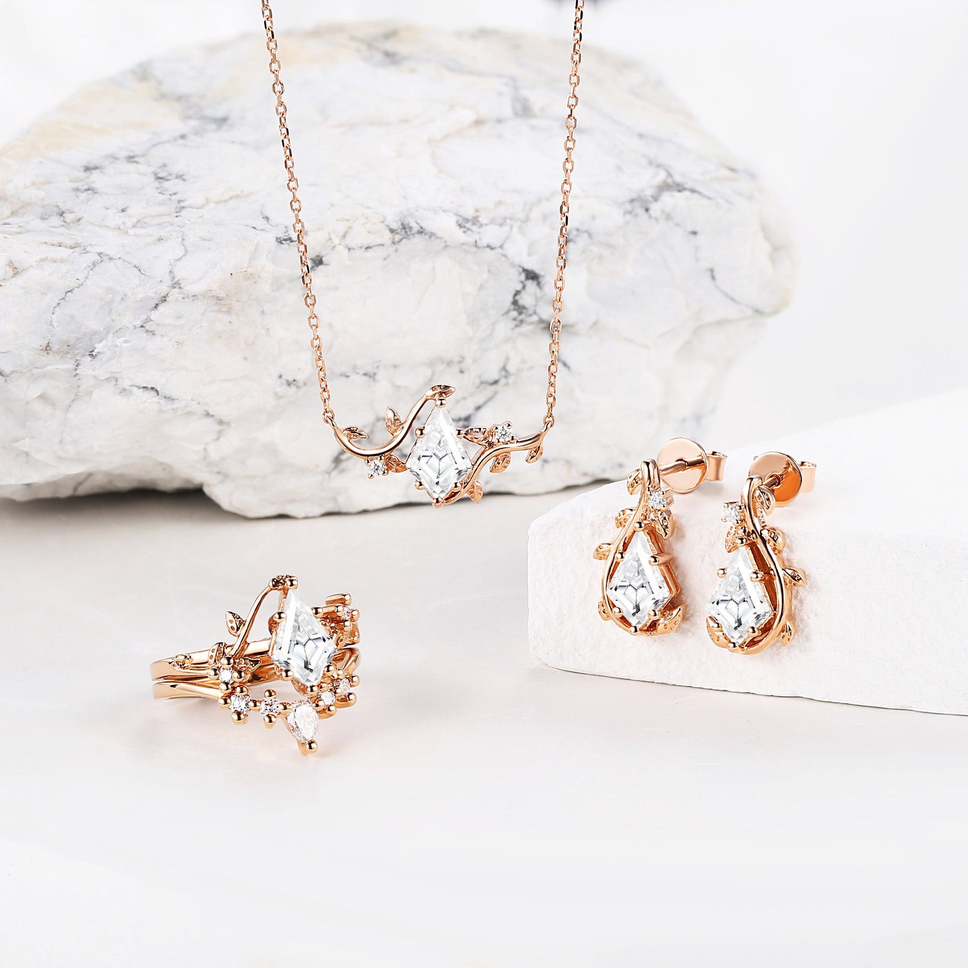 Nature Inspired - Unique Kite Cut Moss Agate Leafy Ring & Necklace & Earrings Sets 5PCS - Willow Jewelry Sets