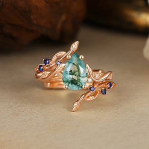 Hyacinthe Moss Agate & Sapphire Engagement Enhancer Ring Set 2pcs