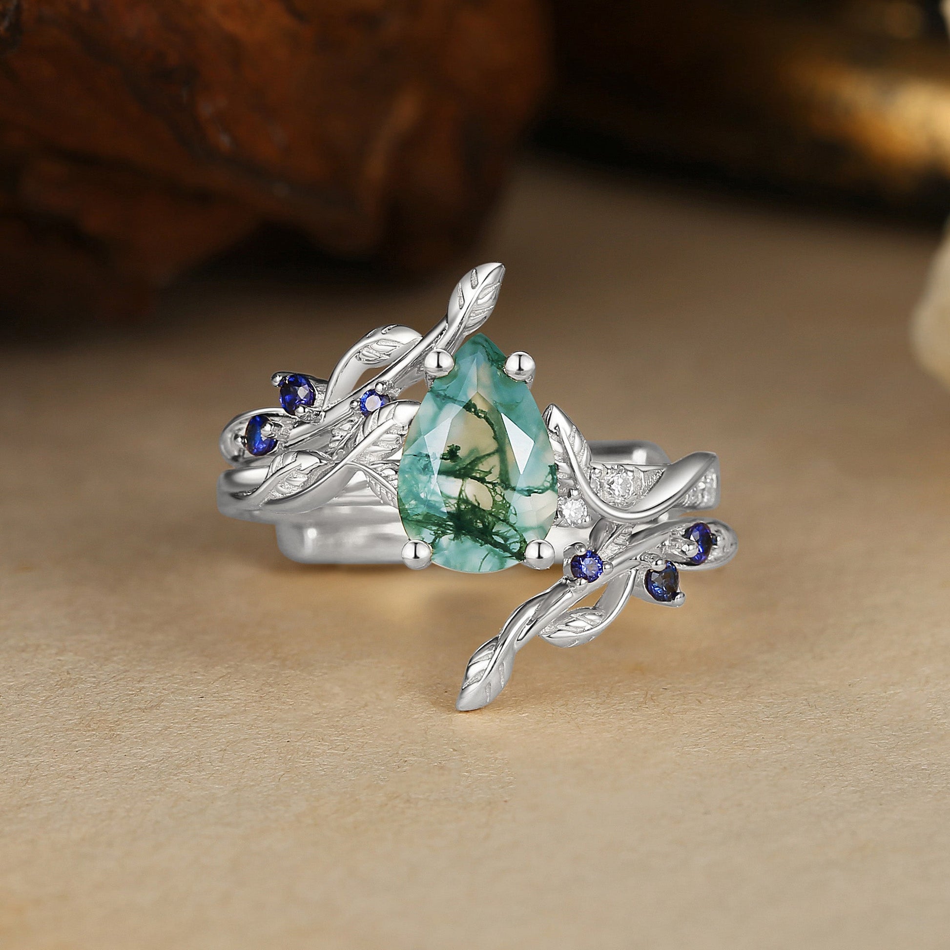 Hyacinthe Moss Agate & Sapphire Engagement Enhancer Ring Set 2pcs