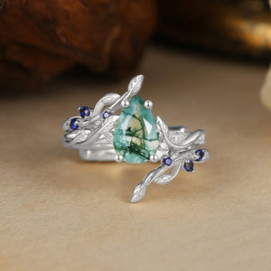 Hyacinthe Moss Agate & Sapphire Engagement Enhancer Ring Set 2pcs