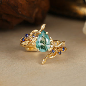 Hyacinthe Moss Agate & Sapphire Engagement Enhancer Ring Set 2pcs