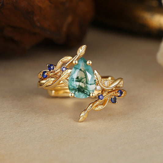 Hyacinthe Moss Agate & Sapphire Engagement Enhancer Ring Set 2pcs