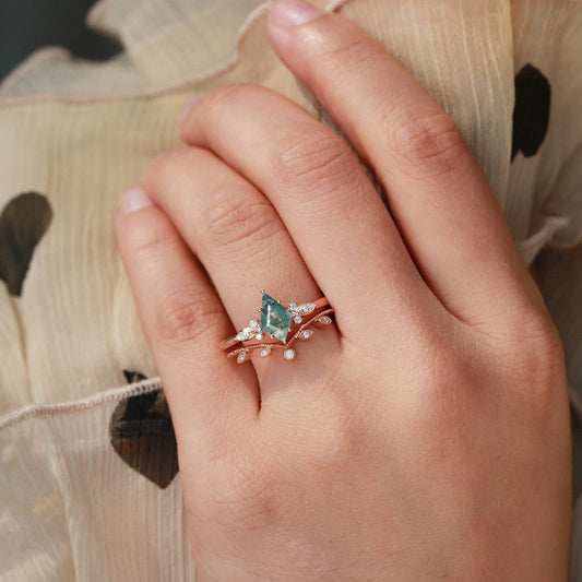 Green Leafy Unique Kite Moss Agate Engagement Ring Sets 2pcs