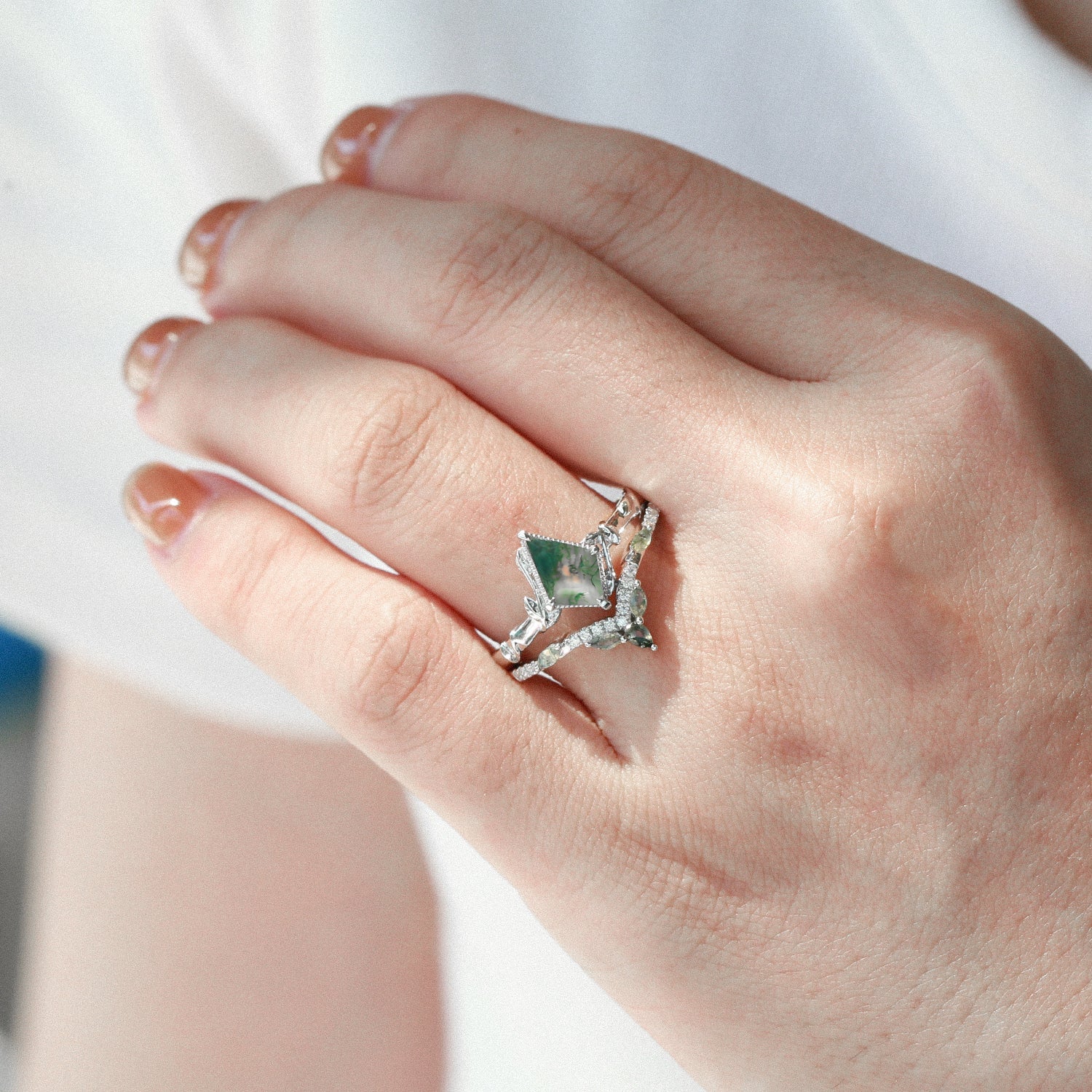Lark Kite Cut Moss Agate Leafy Engagement Ring Sets 2pcs