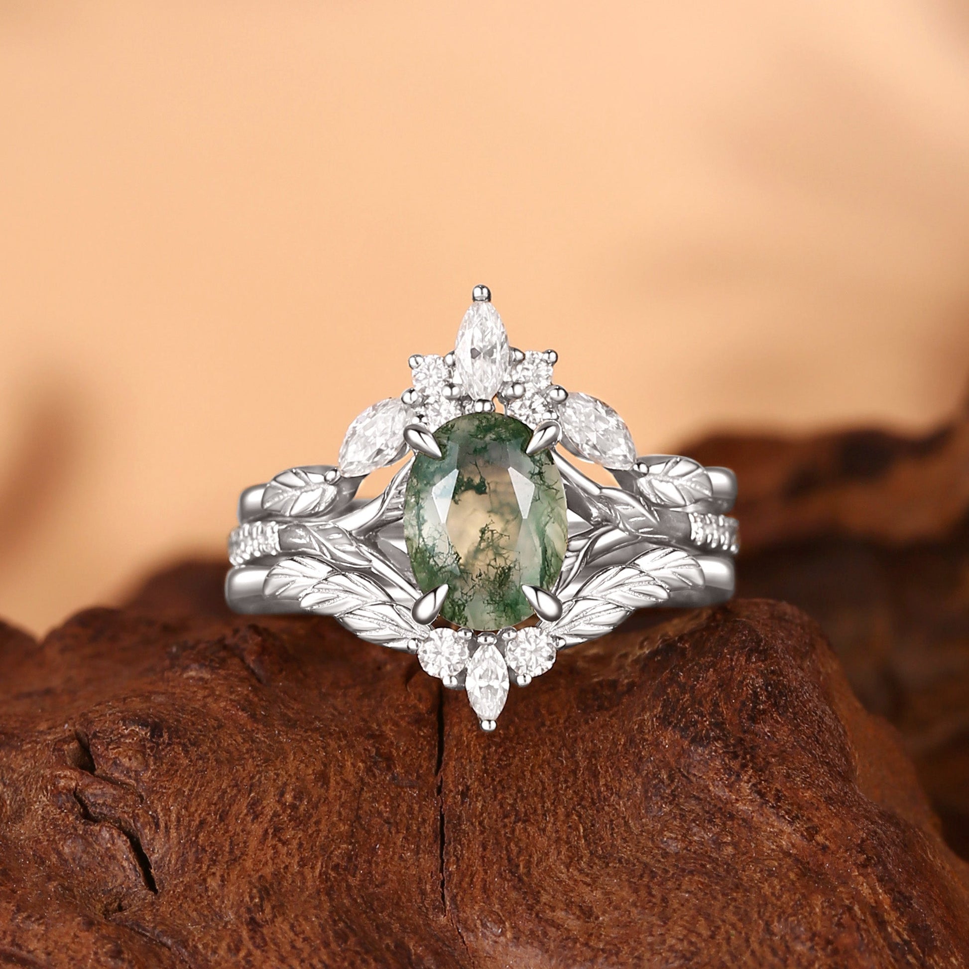 Unique Oval Cut Moss Agate Leafy Cluster Bridal Set