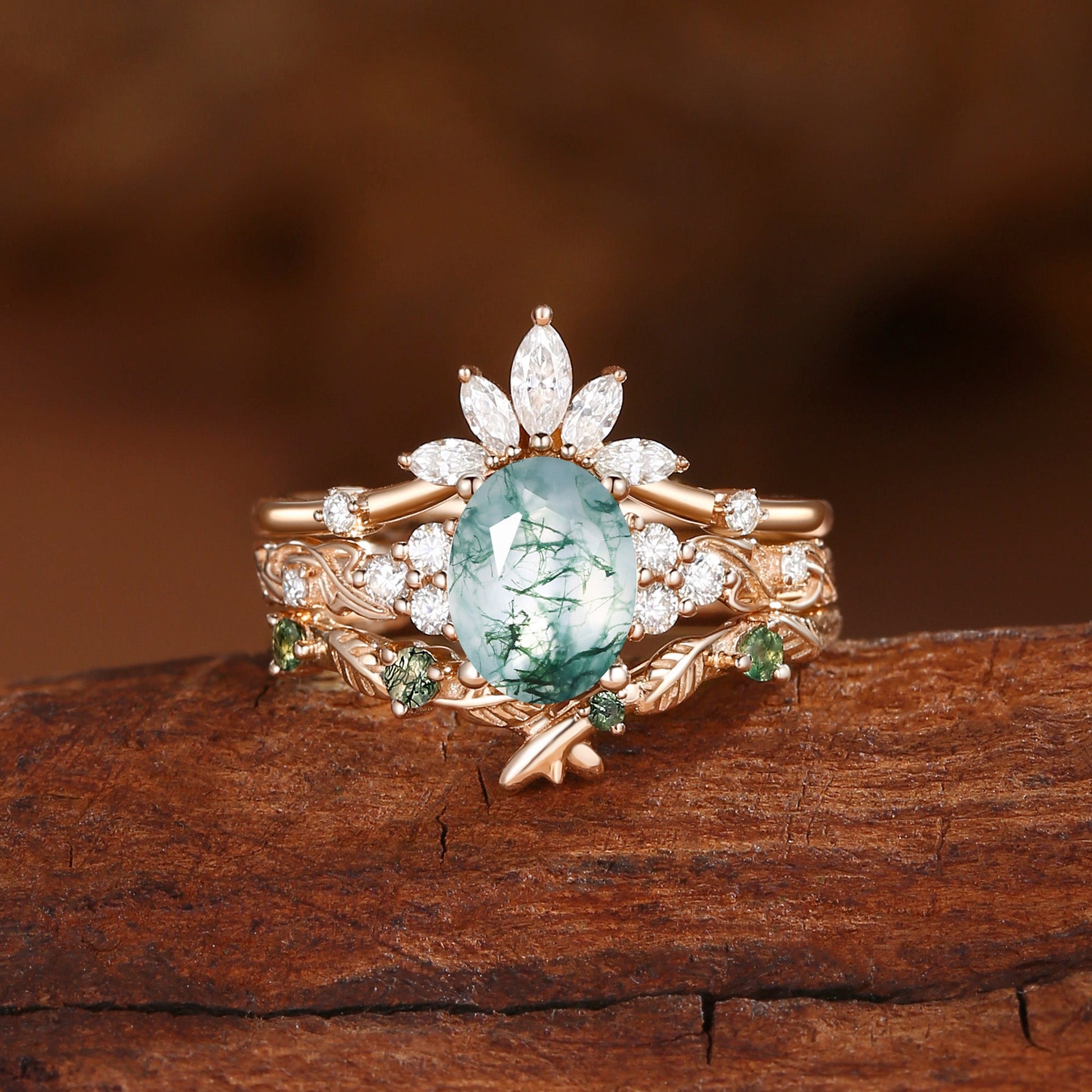 Nature Inspired Oval Cut Moss Agate Cluster Leafy Bridal Set