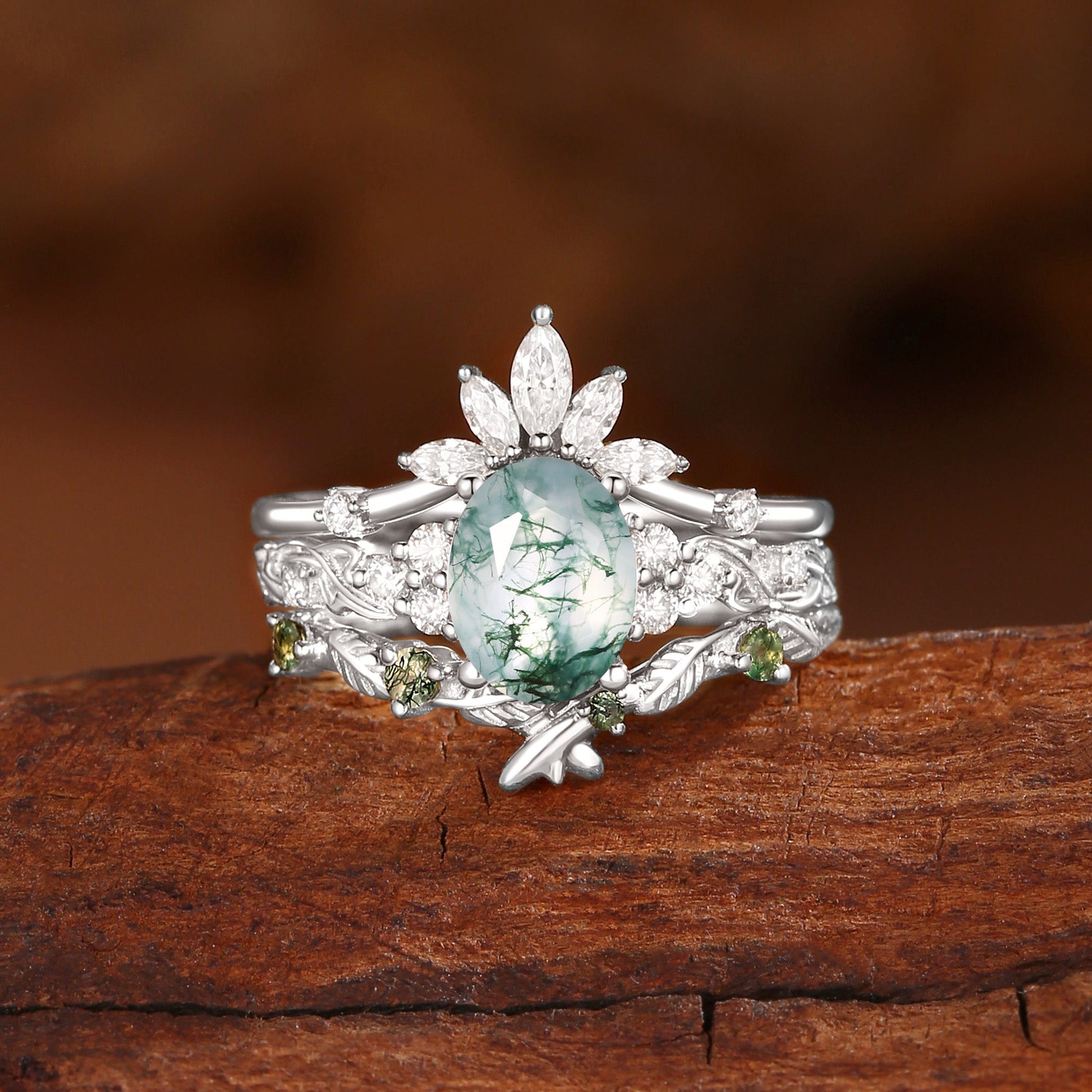 Nature Inspired Oval Cut Moss Agate Cluster Leafy Bridal Set