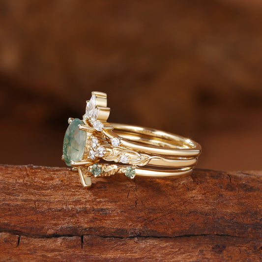 Nature Inspired Oval Cut Moss Agate Cluster Leafy Bridal Set