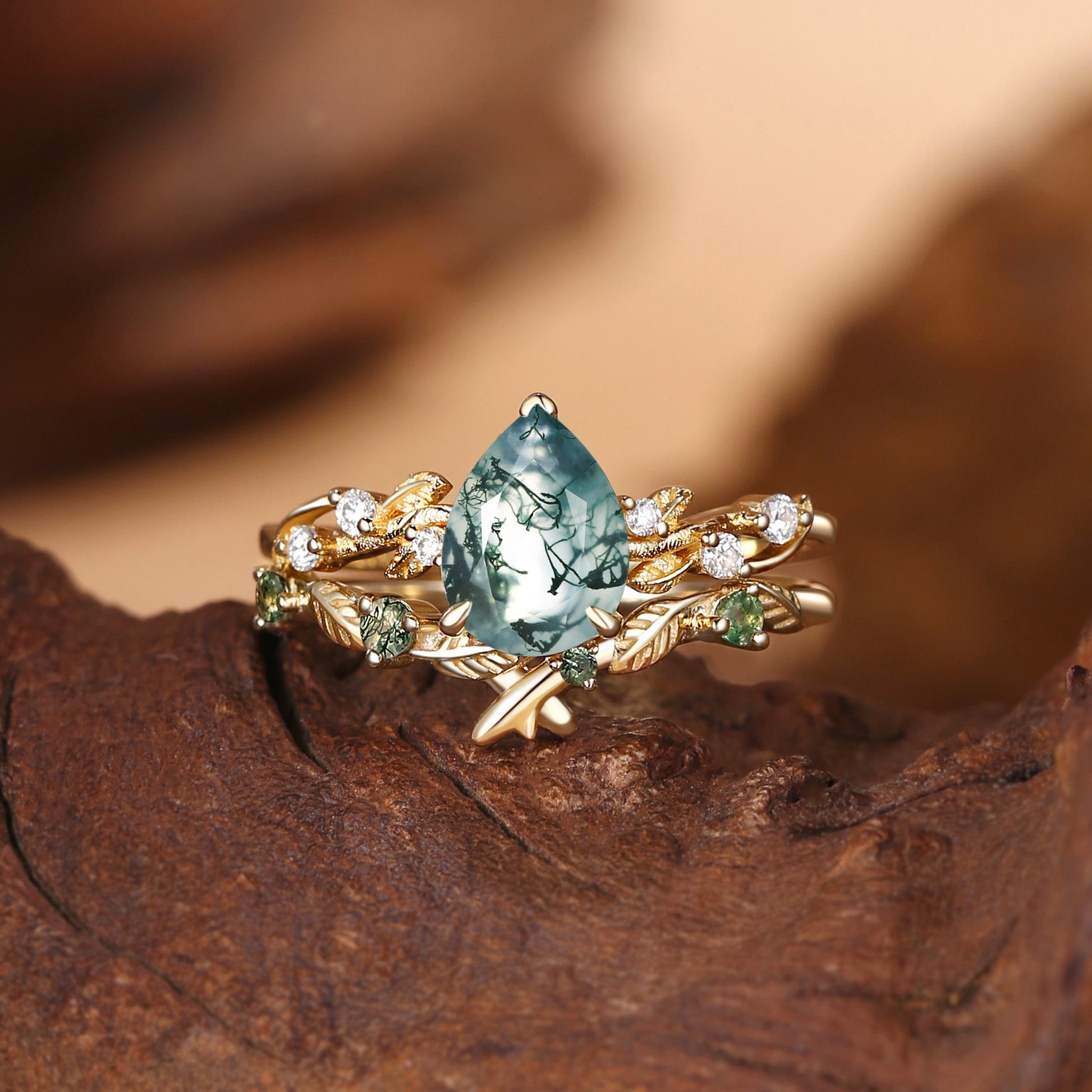 Clarissa Pear Cut Moss Agate Leafy Bridal Set 2pcs