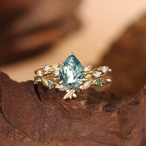 Clarissa Pear Cut Moss Agate Leafy Bridal Set 2pcs