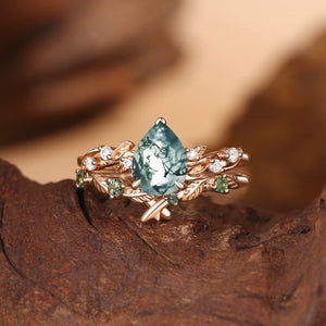 Clarissa Pear Cut Moss Agate Leafy Bridal Set 2pcs