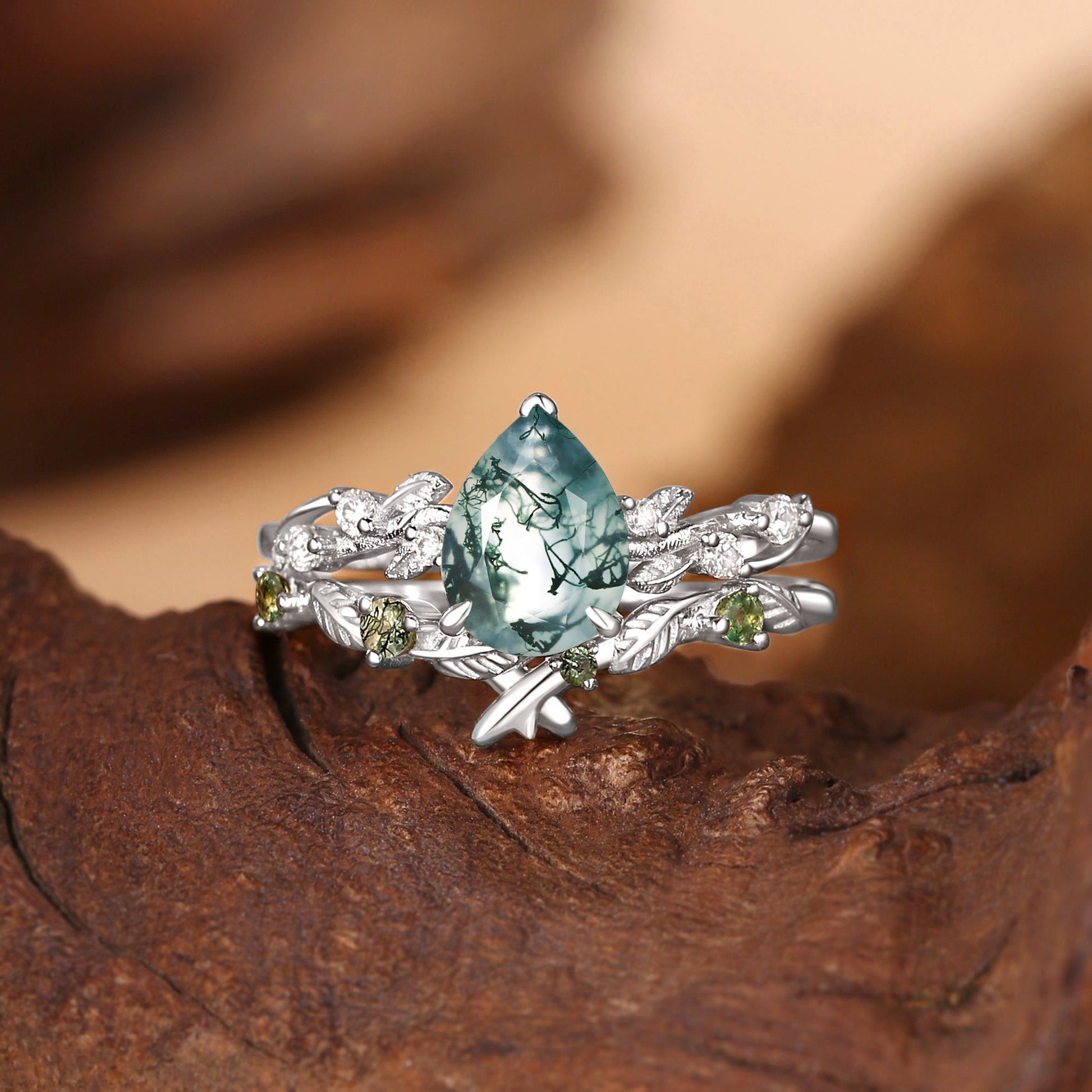 Clarissa Pear Cut Moss Agate Leafy Bridal Set 2pcs