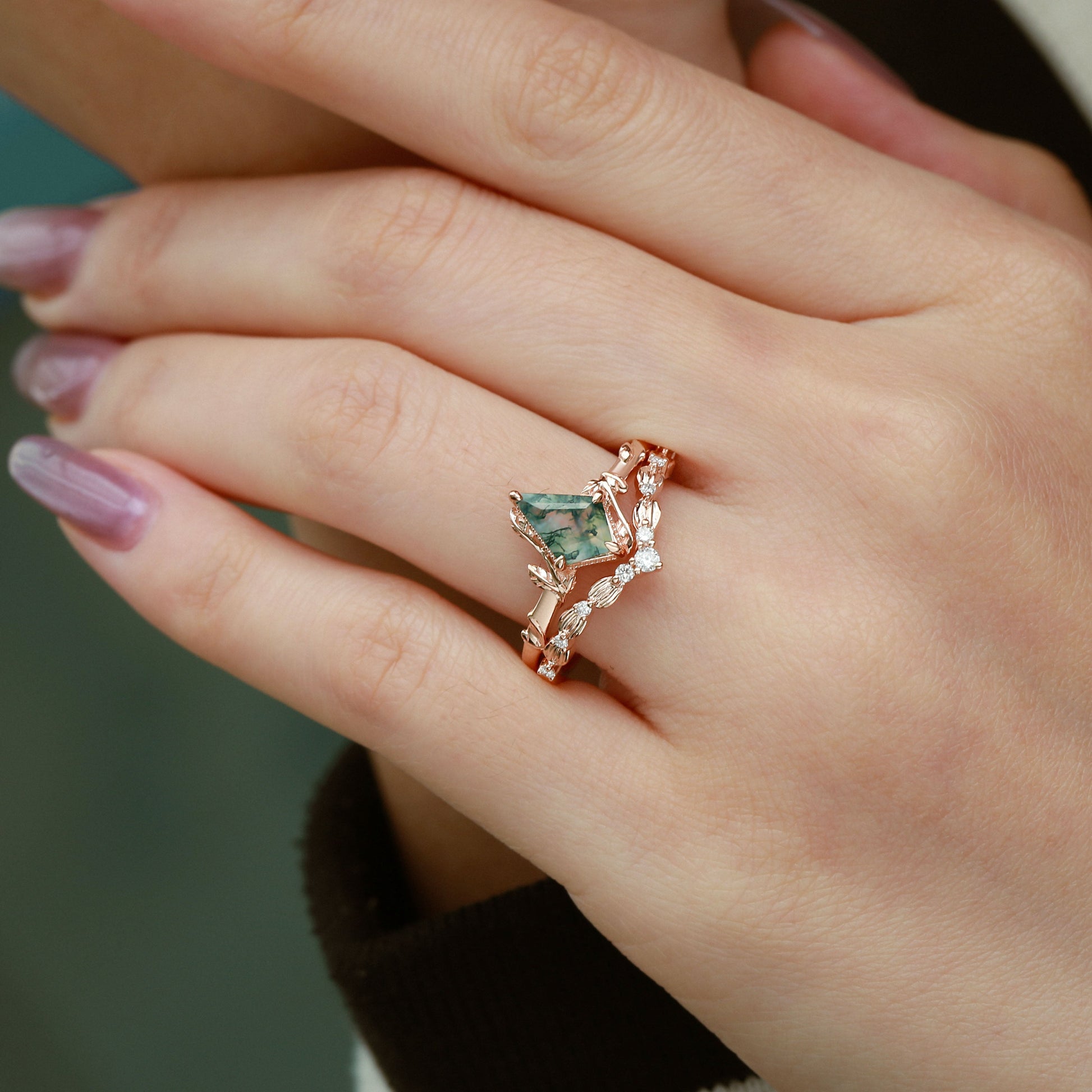 Moss Agate Leafy Engagement Ring Sets 2pcs