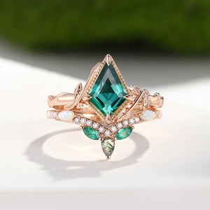 Kite Cut Moss Agate Leafy Opal & Emerald Engagement Ring Sets 2pcs - Lark
