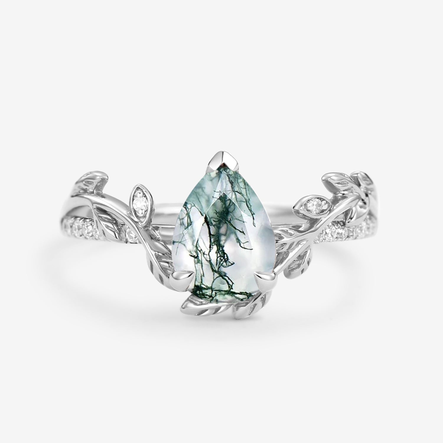 Vintage Pear Shaped Moss Agate Leafy Engagement Ring